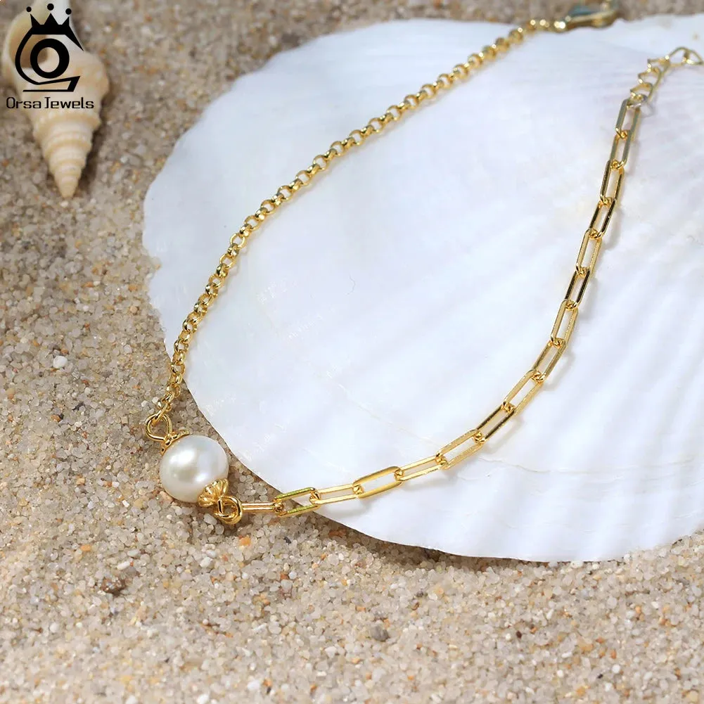 925 Sterling Silver Cuban Chain Bracelet with Real Natural Pearl for Women