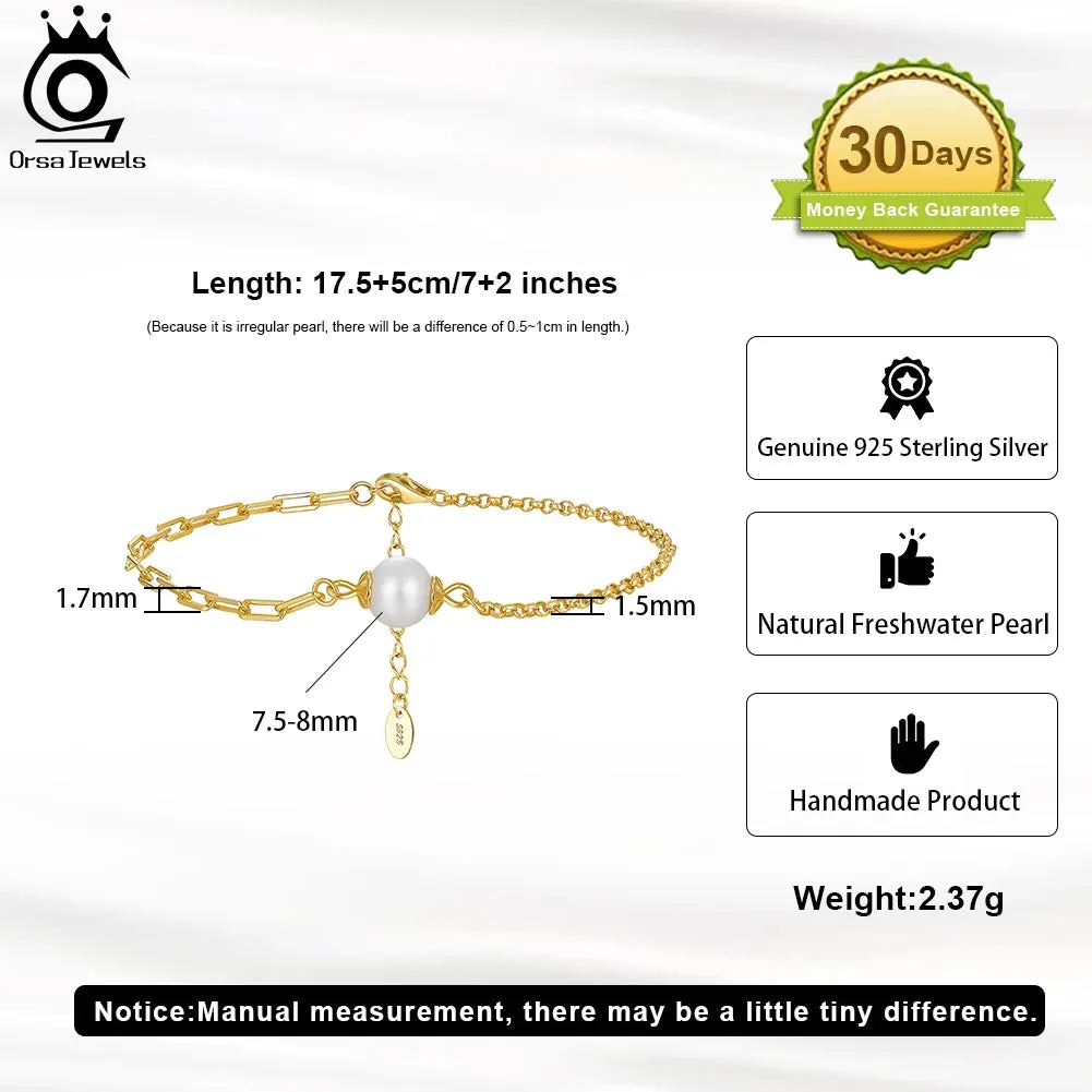 925 Sterling Silver Cuban Chain Bracelet with Real Natural Pearl for Women