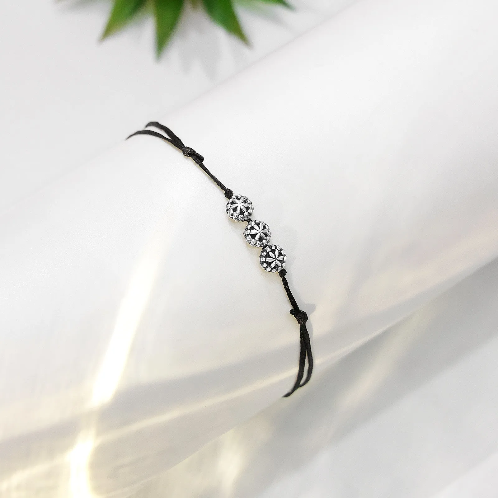 925 Sterling Silver Triple Flower Black Thread Anklet