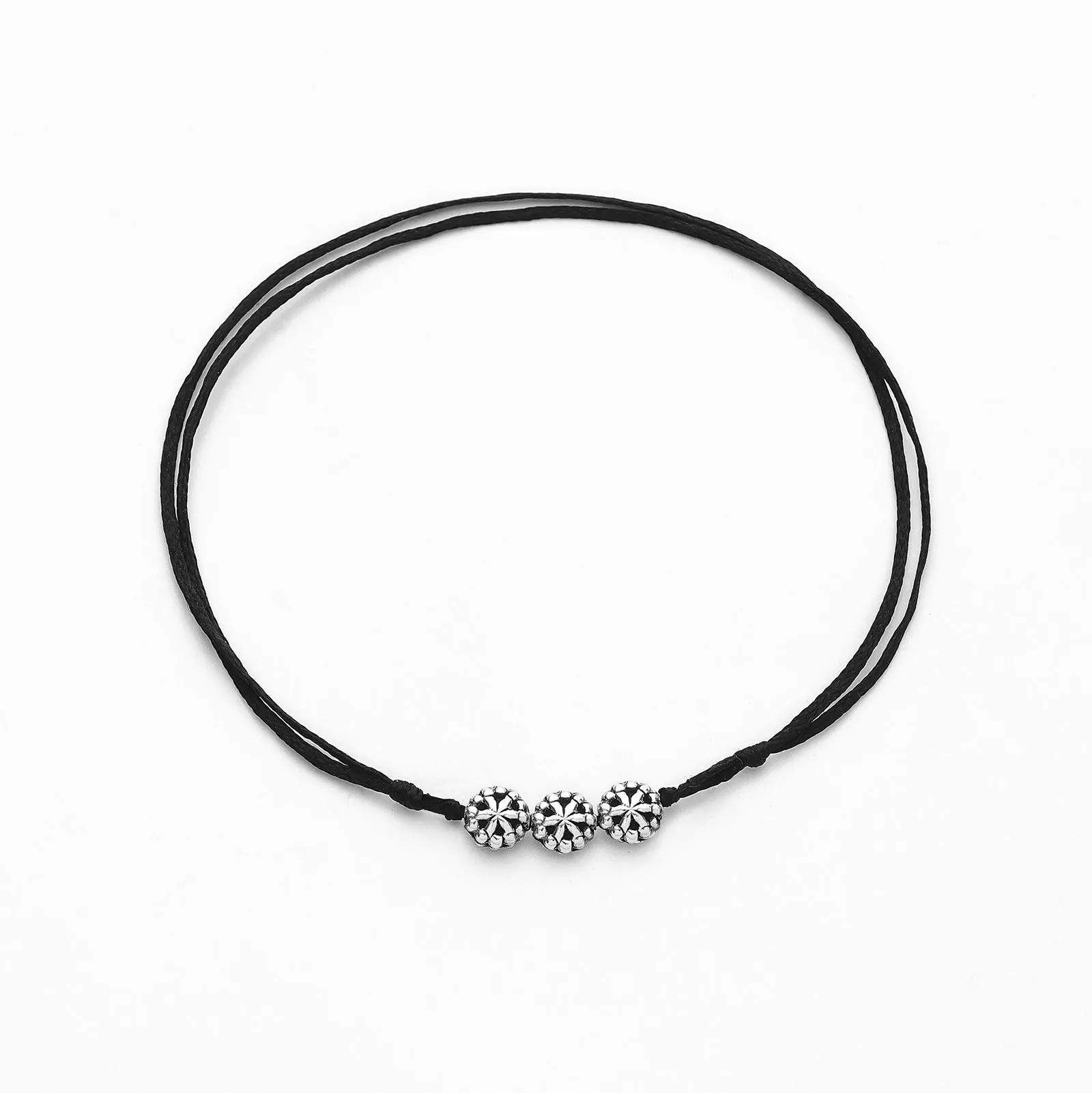 925 Sterling Silver Triple Flower Black Thread Anklet