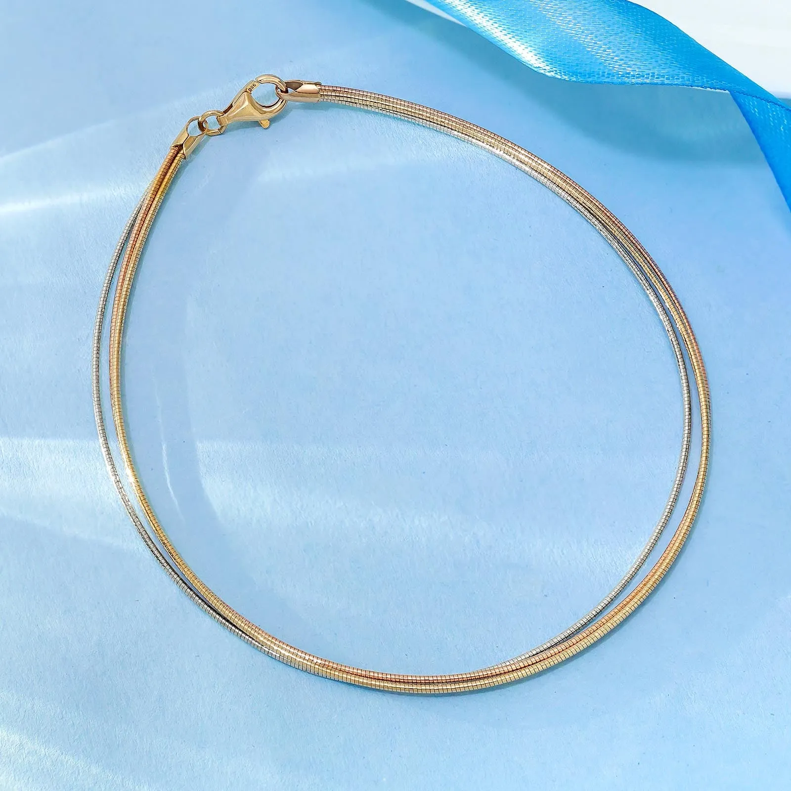 925 Sterling Silver Triple Layer Triple Tone Chain Anklet