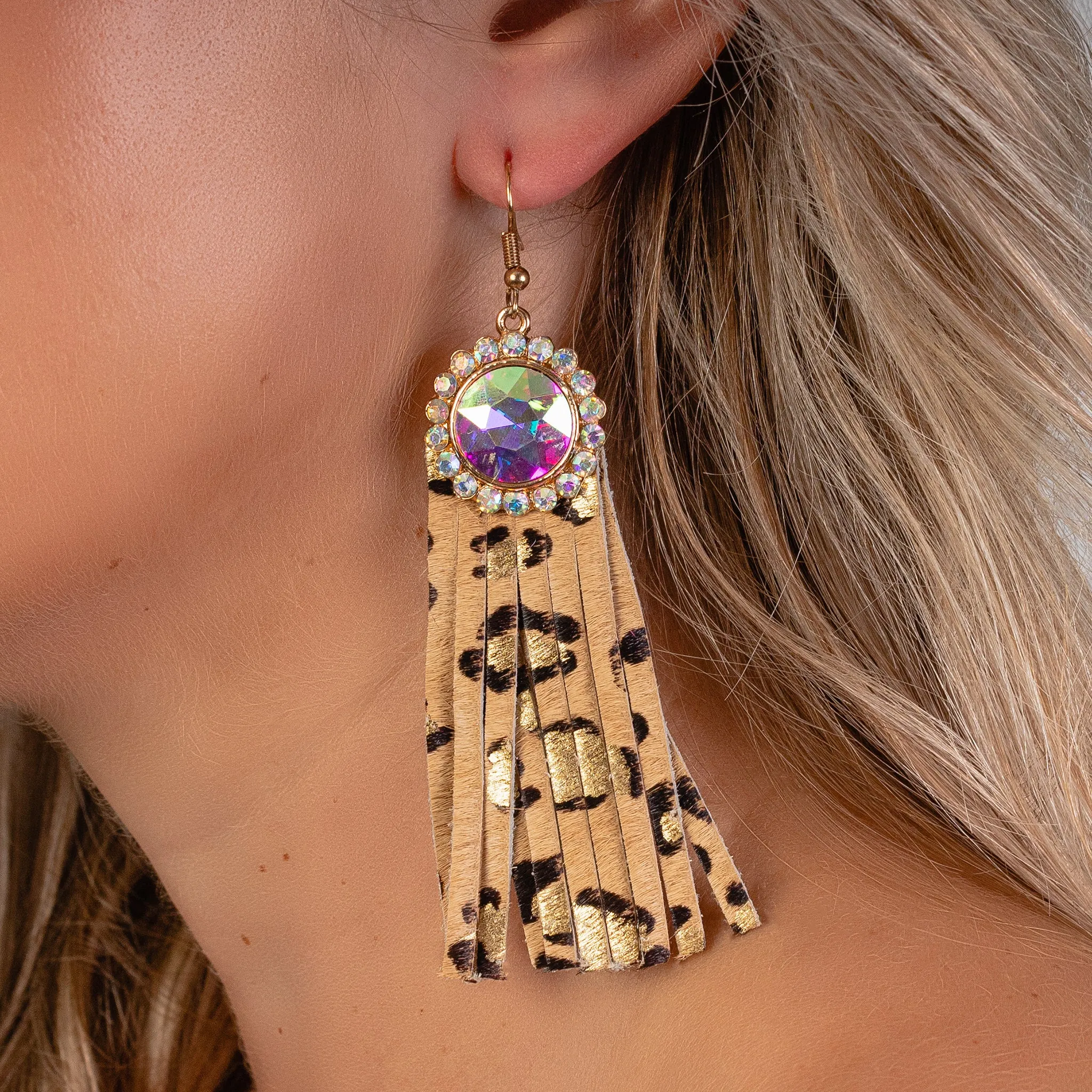 93020 - Rhinestone Tassel Earrings - Leopard & Gold