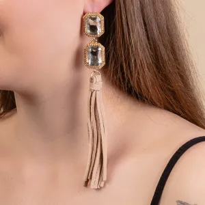 93161 - Rhinestone Tassel Earrings - White