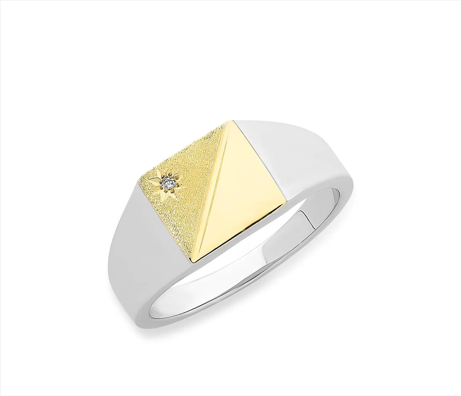 9ct Gold & Sterling Silver Gentlemans Flat Top Signet Ring with a Diamond M2526