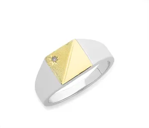 9ct Gold & Sterling Silver Gentlemans Flat Top Signet Ring with a Diamond M2526