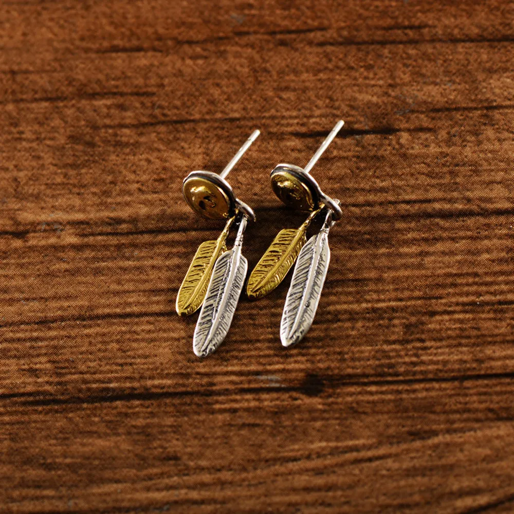A Pair Real Solid 925 Sterling Silver Earrings Feather Eagle Bird Round Jewelry