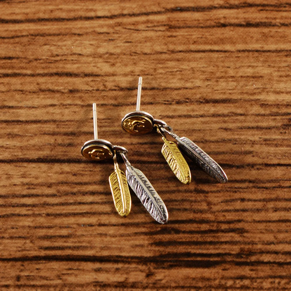 A Pair Real Solid 925 Sterling Silver Earrings Feather Eagle Bird Round Jewelry