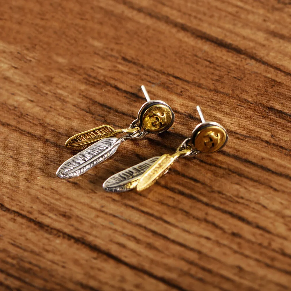 A Pair Real Solid 925 Sterling Silver Earrings Feather Eagle Bird Round Jewelry