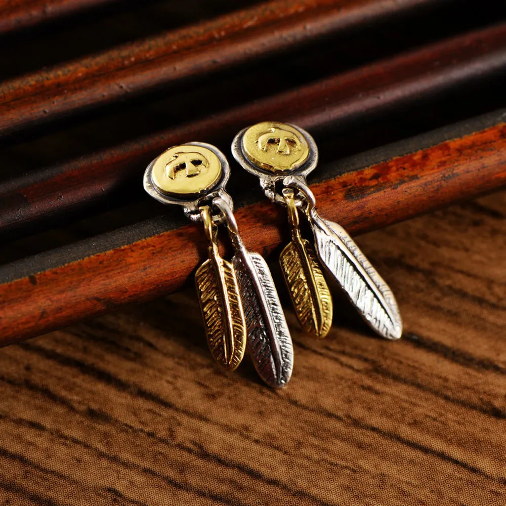 A Pair Real Solid 925 Sterling Silver Earrings Feather Eagle Bird Round Jewelry