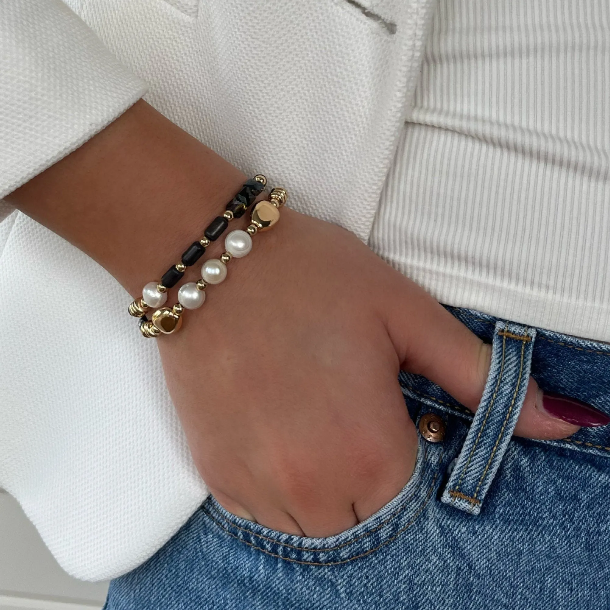 Absolute Gold Black Bead & Pearl Bracelet