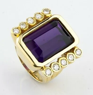 Amethyst & Diamond 18k Yellow Gold Emerald Cut Retro Ring Size 6.75