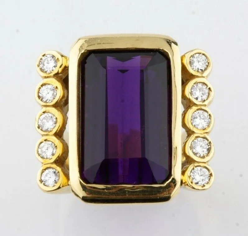 Amethyst & Diamond 18k Yellow Gold Emerald Cut Retro Ring Size 6.75