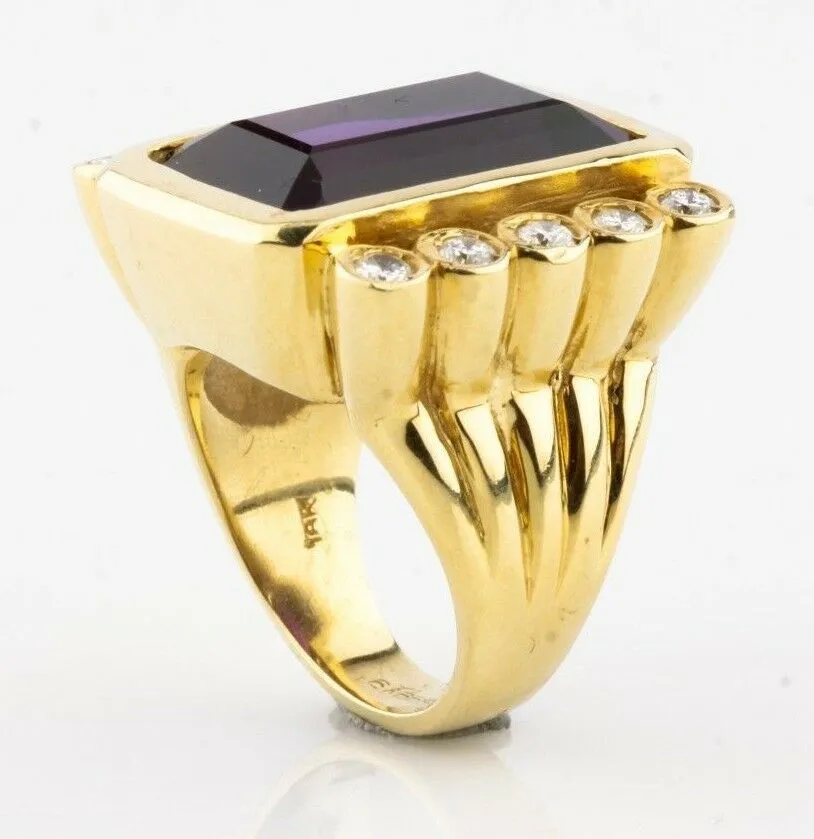 Amethyst & Diamond 18k Yellow Gold Emerald Cut Retro Ring Size 6.75