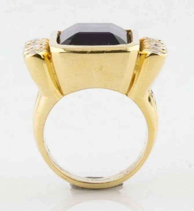 Amethyst & Diamond 18k Yellow Gold Emerald Cut Retro Ring Size 6.75