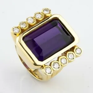 Amethyst & Diamond 18k Yellow Gold Emerald Cut Retro Ring Size 6.75
