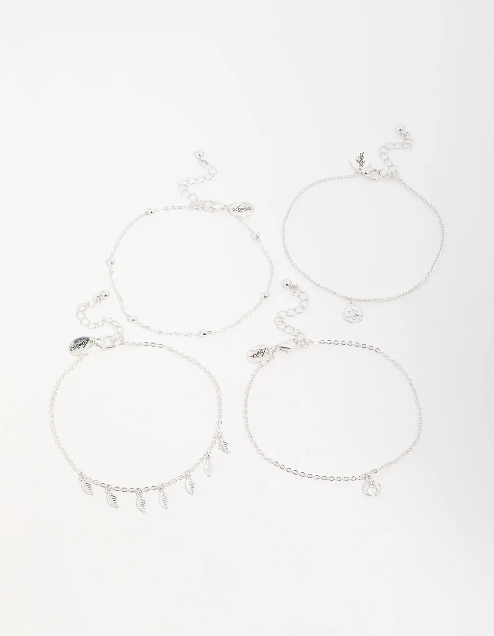 Antique Silver Leaf & Station Anklets 4-Pack