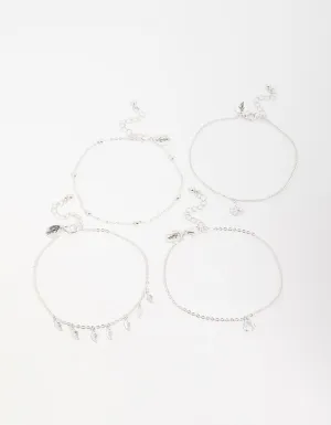 Antique Silver Leaf & Station Anklets 4-Pack