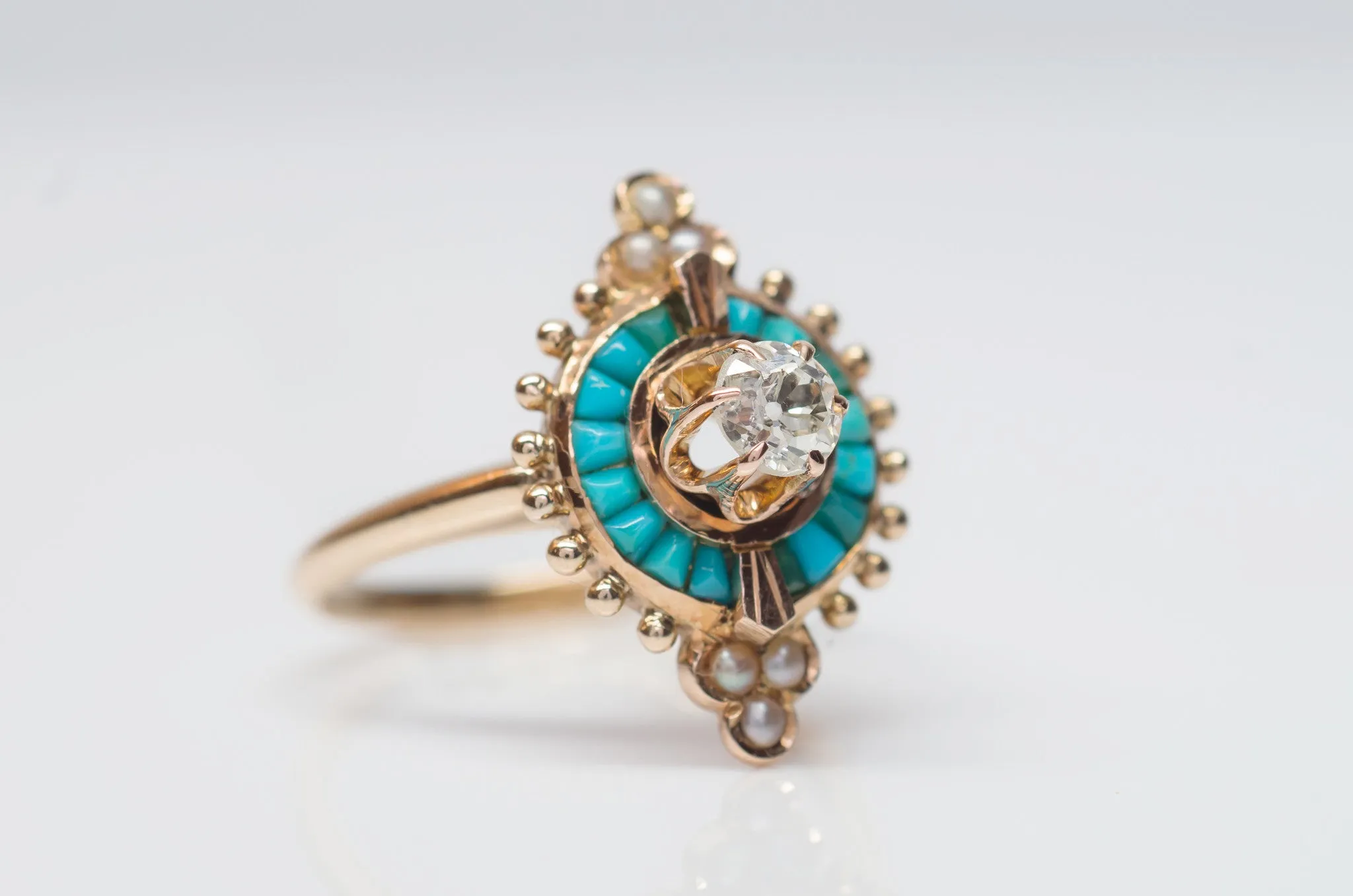 ANTIQUE TURQUOISE AND DIAMOND COCKTAIL RING