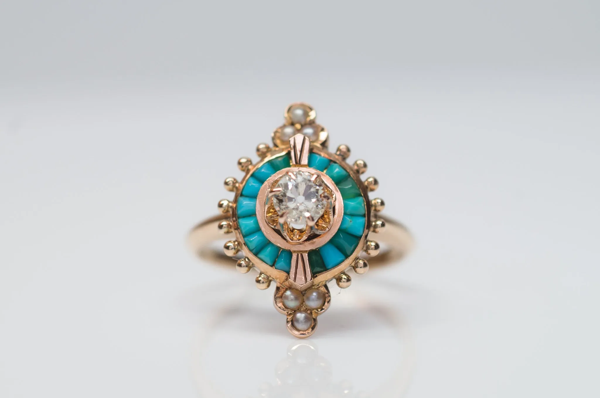 ANTIQUE TURQUOISE AND DIAMOND COCKTAIL RING