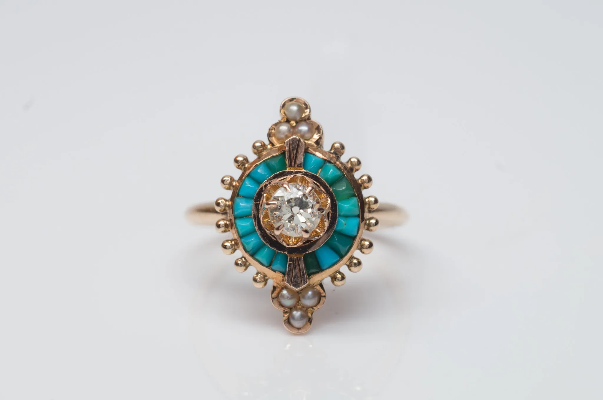 ANTIQUE TURQUOISE AND DIAMOND COCKTAIL RING