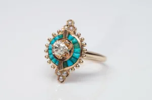 ANTIQUE TURQUOISE AND DIAMOND COCKTAIL RING