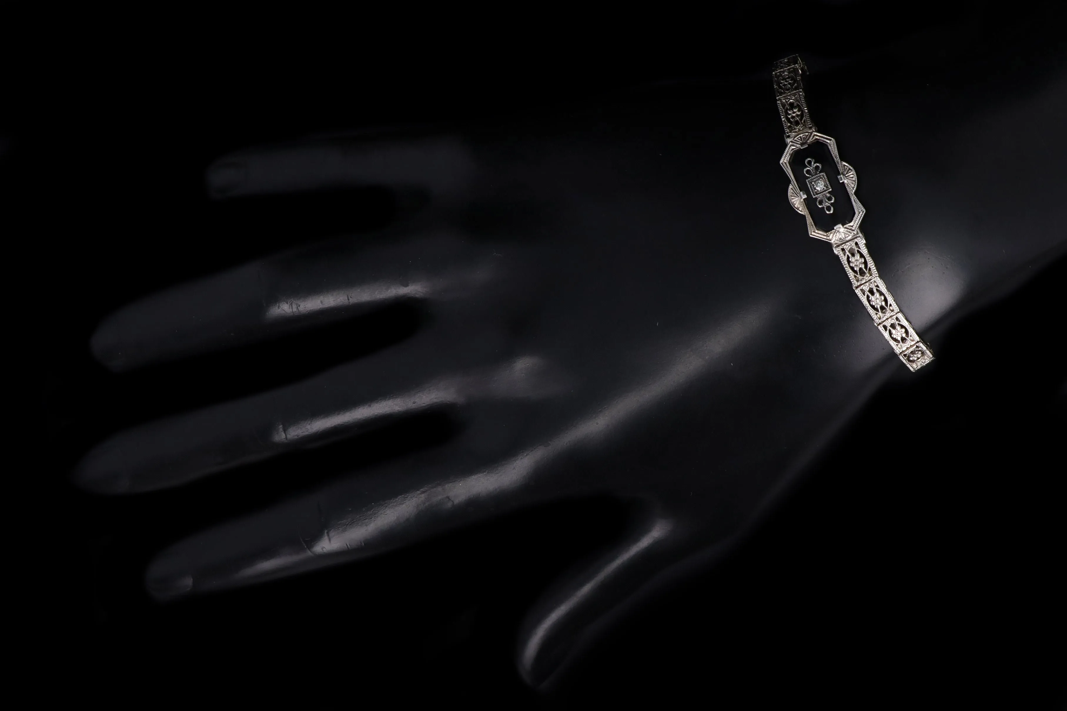 Art Deco Belais 10K White Gold Diamond Filigree Bracelet