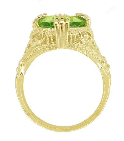 Art Deco Filigree Yellow Gold Large Oval Peridot Statement Ring - 5.5 Carats