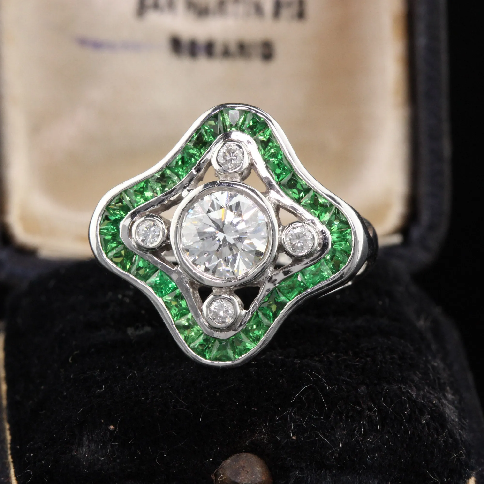 Art Deco Style 18K White Gold Diamond and Tsavorite Ring