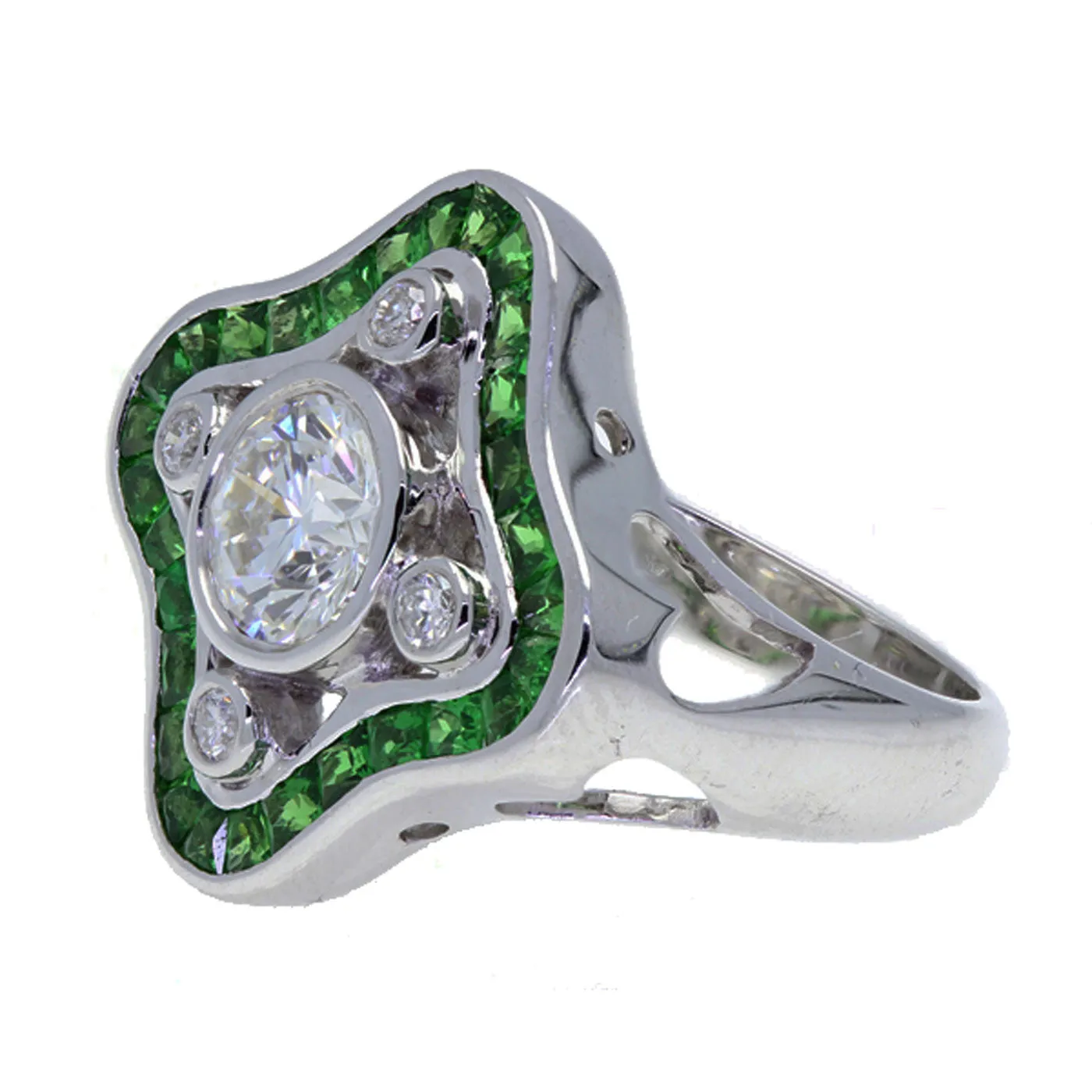 Art Deco Style 18K White Gold Diamond and Tsavorite Ring