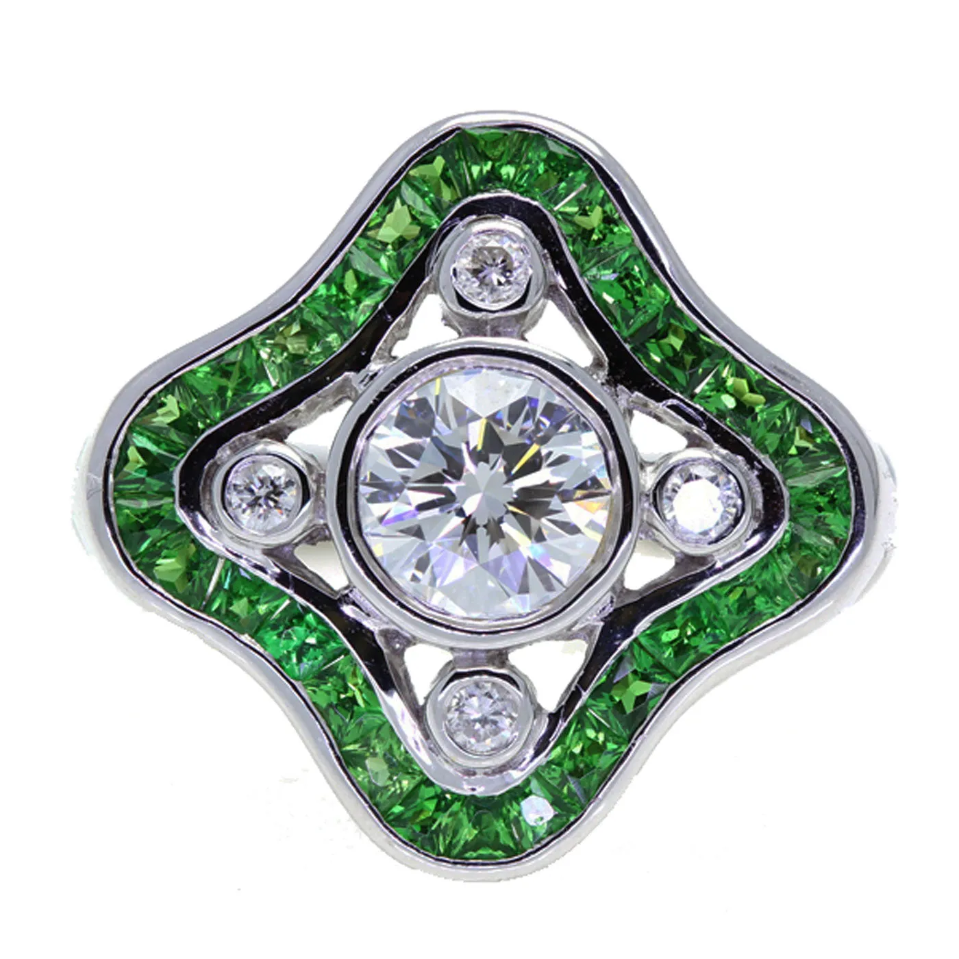 Art Deco Style 18K White Gold Diamond and Tsavorite Ring