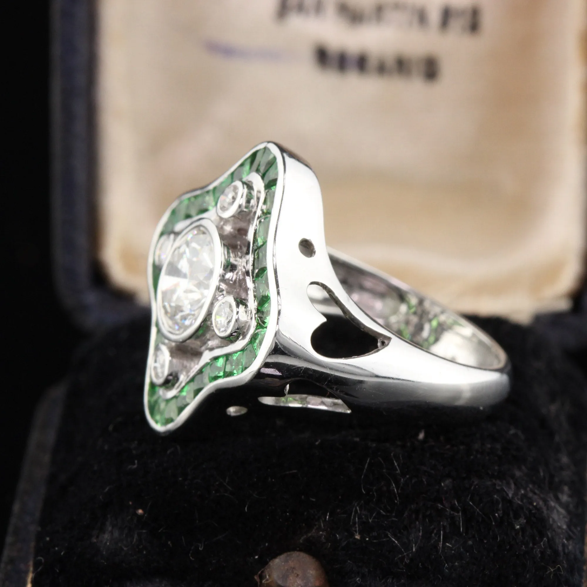 Art Deco Style 18K White Gold Diamond and Tsavorite Ring