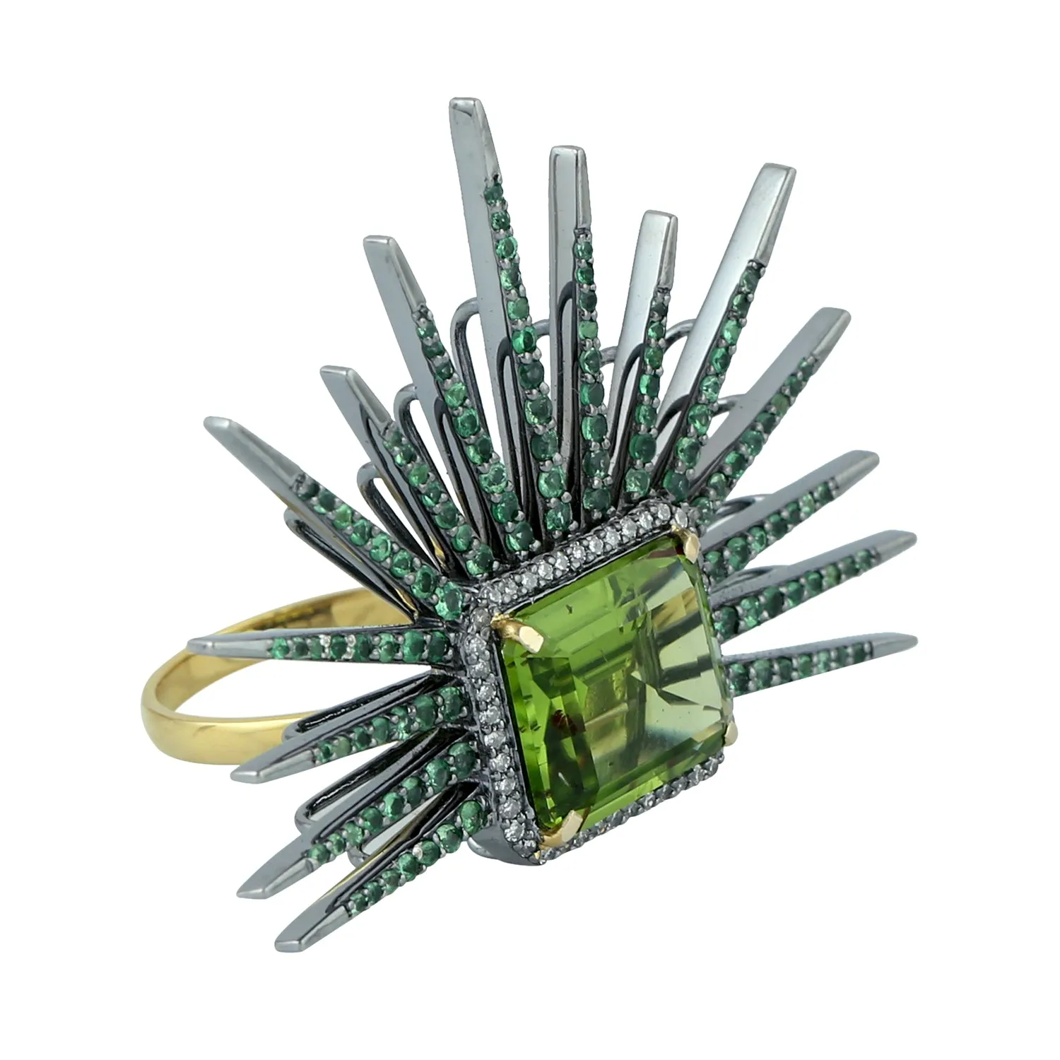 Baguette Cut Peridot Pave Tsavorite Diamond Statement Ring In Gold 925 Silver