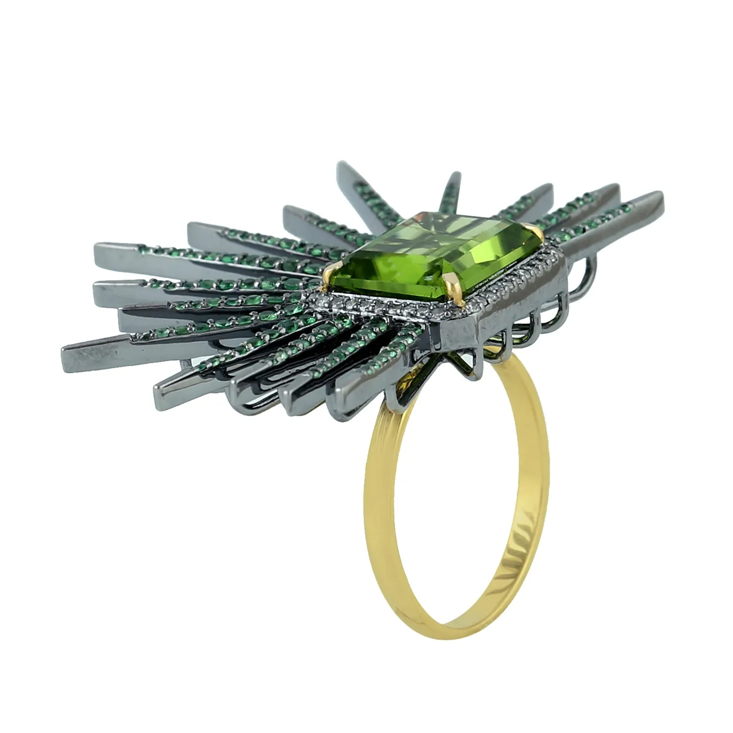 Baguette Cut Peridot Pave Tsavorite Diamond Statement Ring In Gold 925 Silver