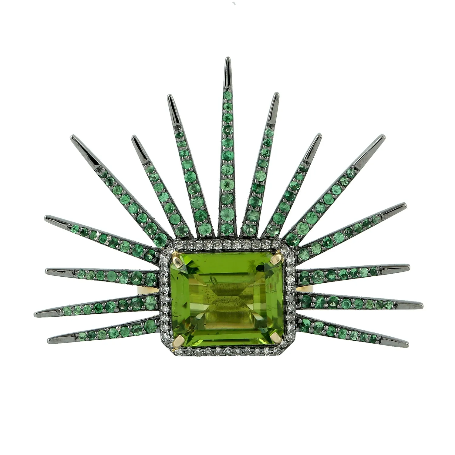 Baguette Cut Peridot Pave Tsavorite Diamond Statement Ring In Gold 925 Silver