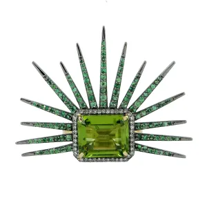 Baguette Cut Peridot Pave Tsavorite Diamond Statement Ring In Gold 925 Silver