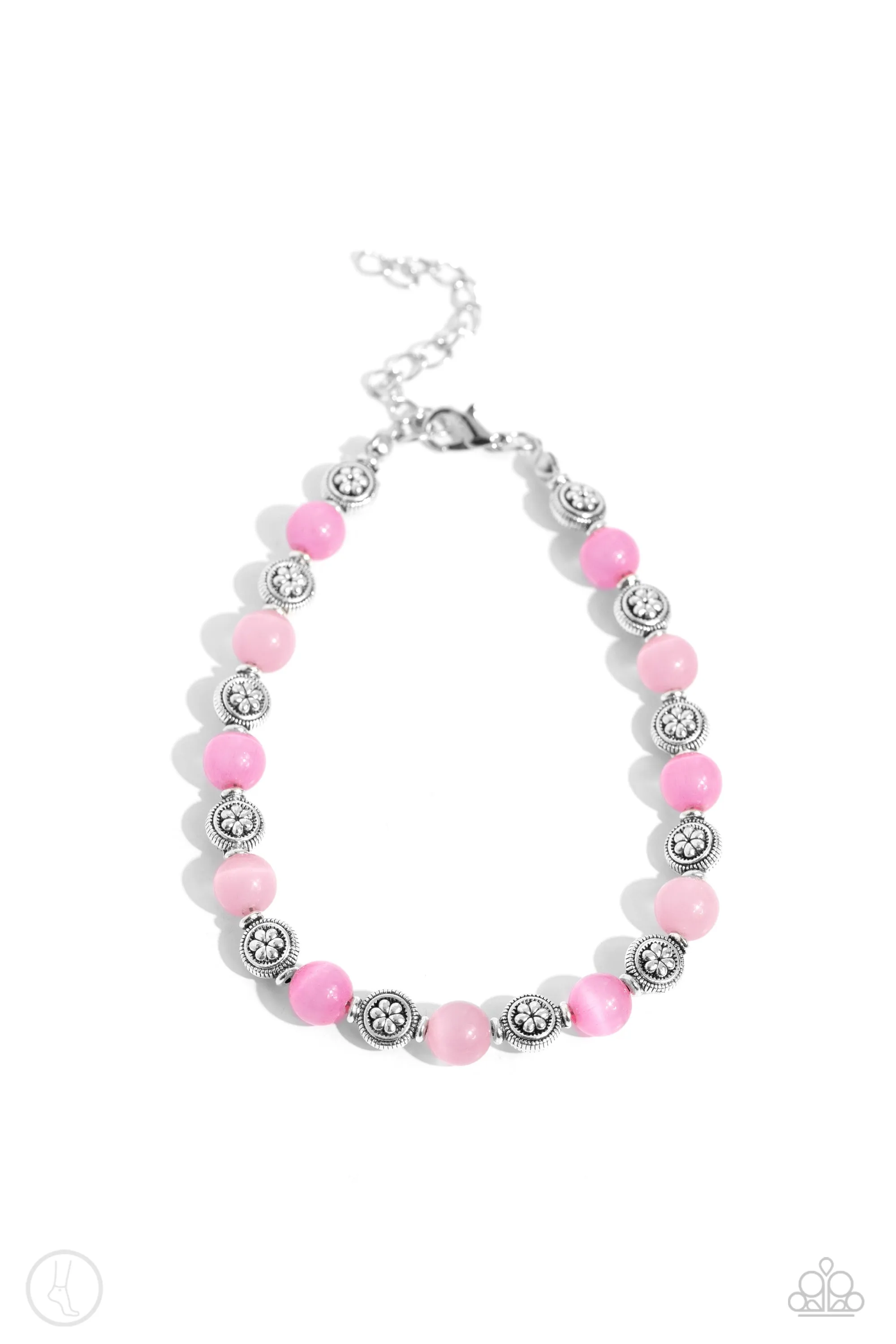 Beachy Bouquet - Pink - Cat's Eye Stone and Textured Silver Bead Paparazzi Anklet
