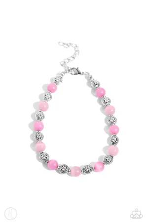 Beachy Bouquet - Pink - Cat's Eye Stone and Textured Silver Bead Paparazzi Anklet