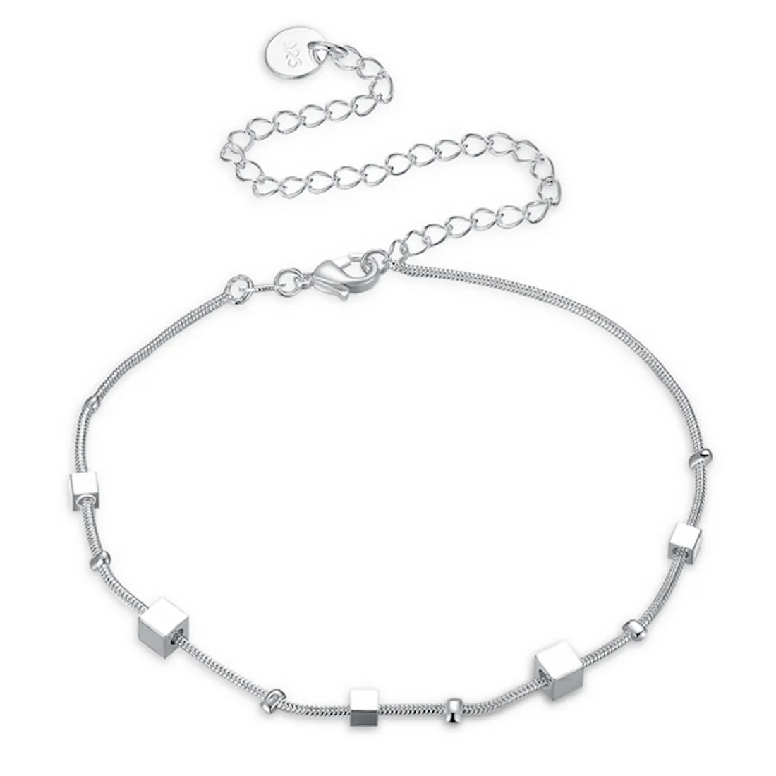 Beaded Cubes Silver Anklet