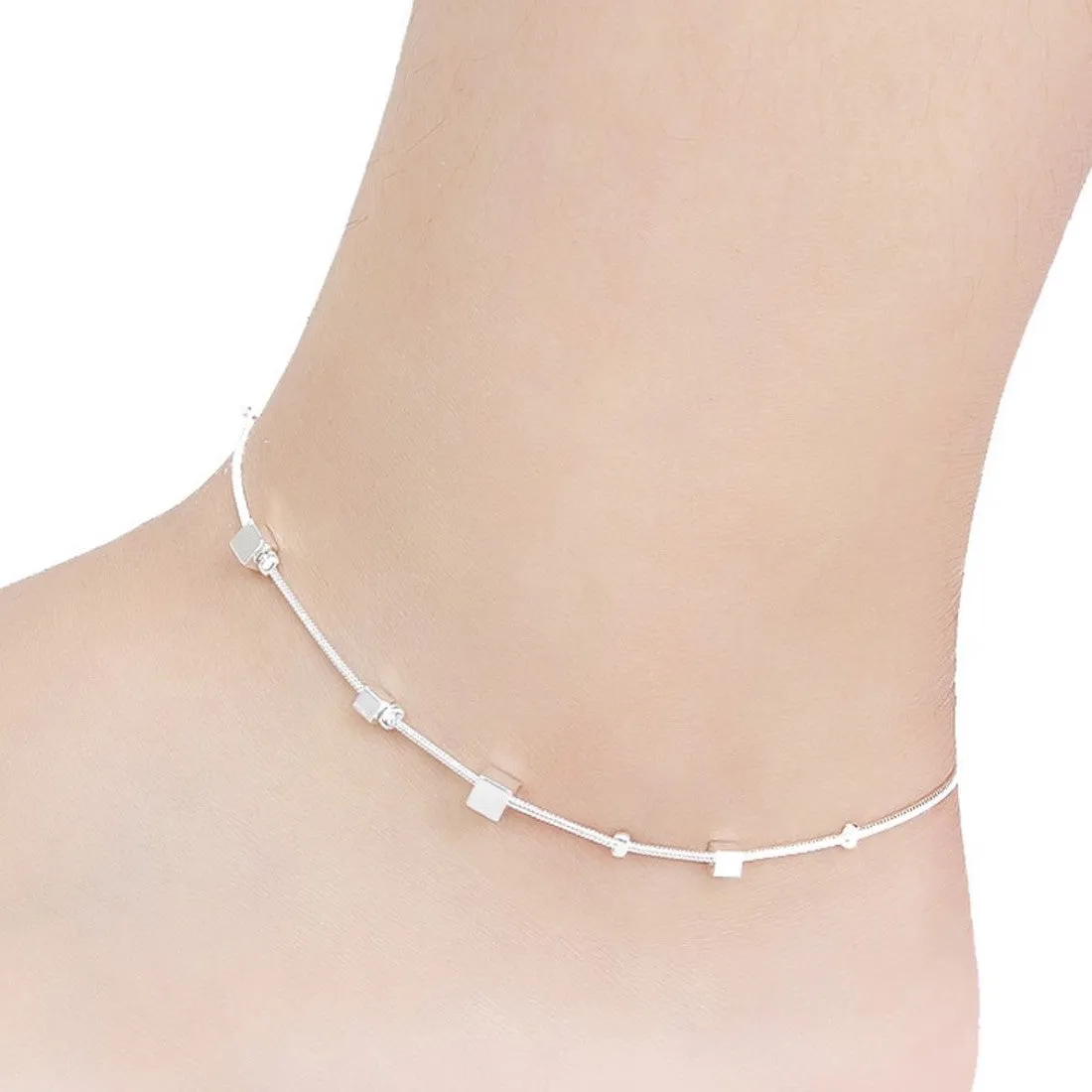 Beaded Cubes Silver Anklet