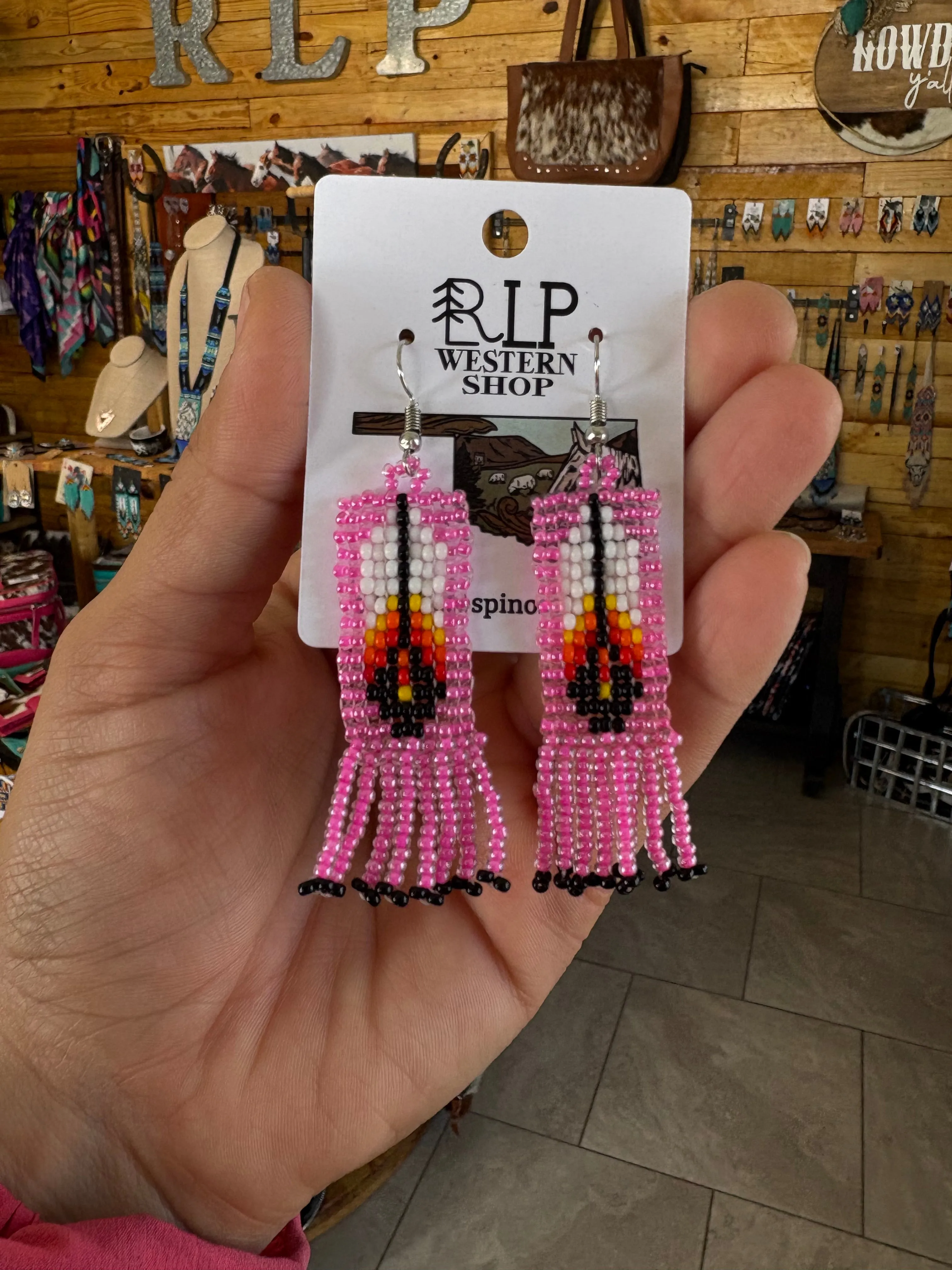 Beaded Feather Earrings- pink