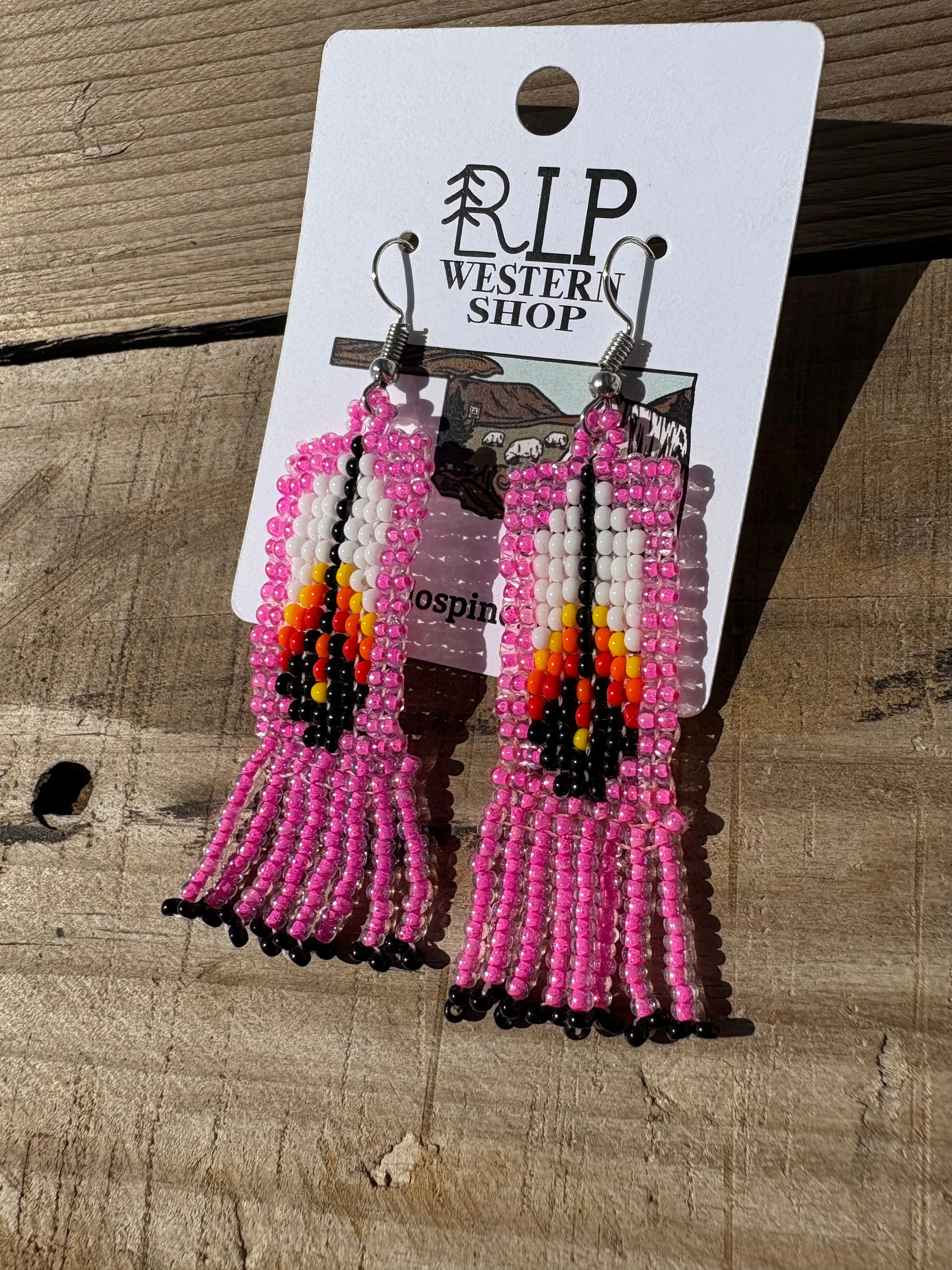 Beaded Feather Earrings- pink