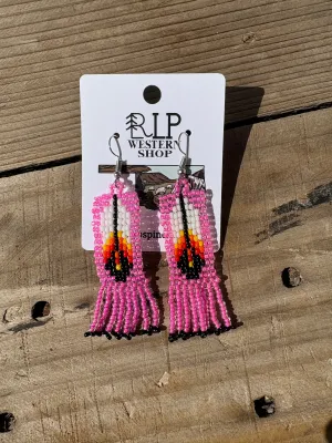 Beaded Feather Earrings- pink