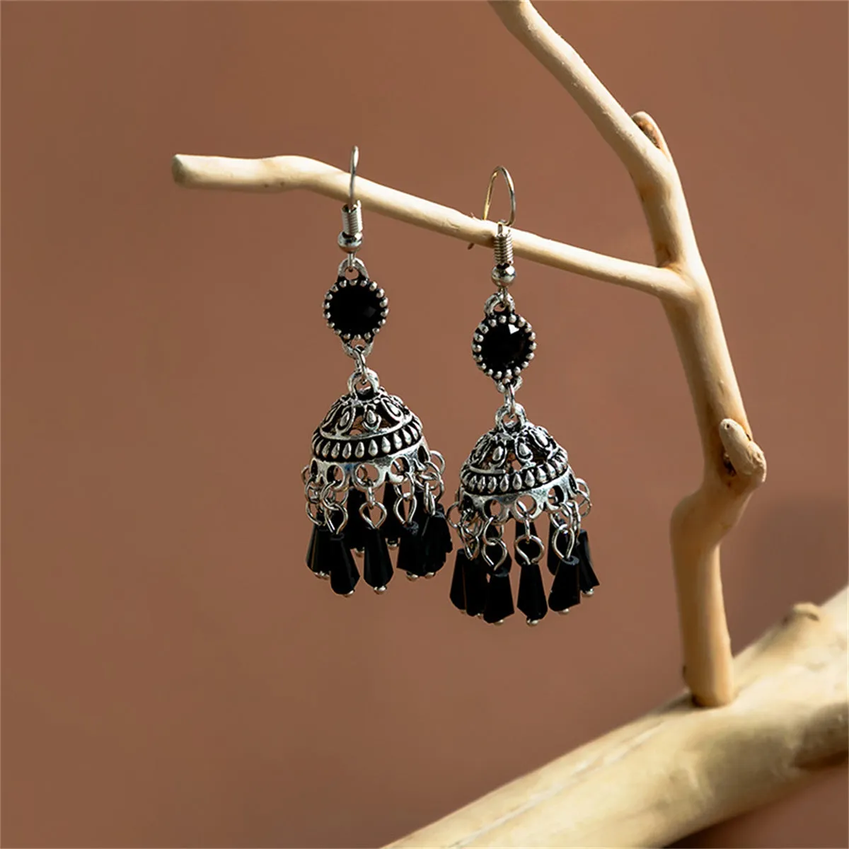 Black Acrylic & Silver-Plated Boho Tassel Drop Earrings