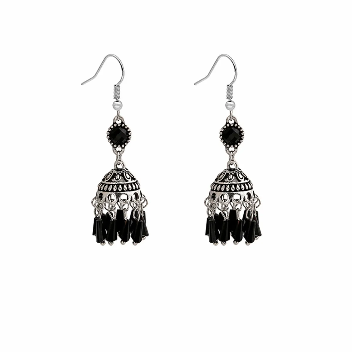 Black Acrylic & Silver-Plated Boho Tassel Drop Earrings