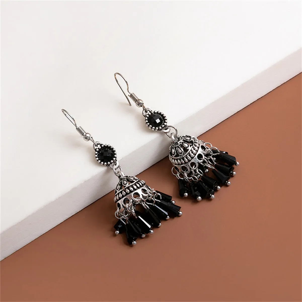 Black Acrylic & Silver-Plated Boho Tassel Drop Earrings