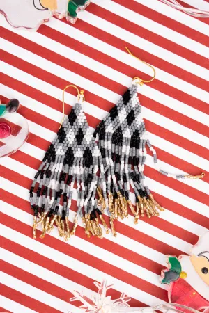 Black and White Holiday Plaid Seed Bead Fringe Earrings