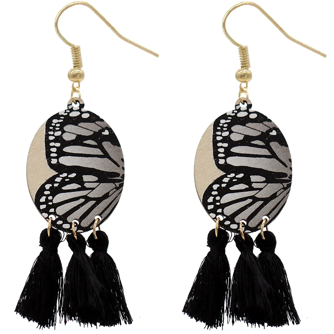 Black Butterfly Tassel Wooden Dangle Earrings