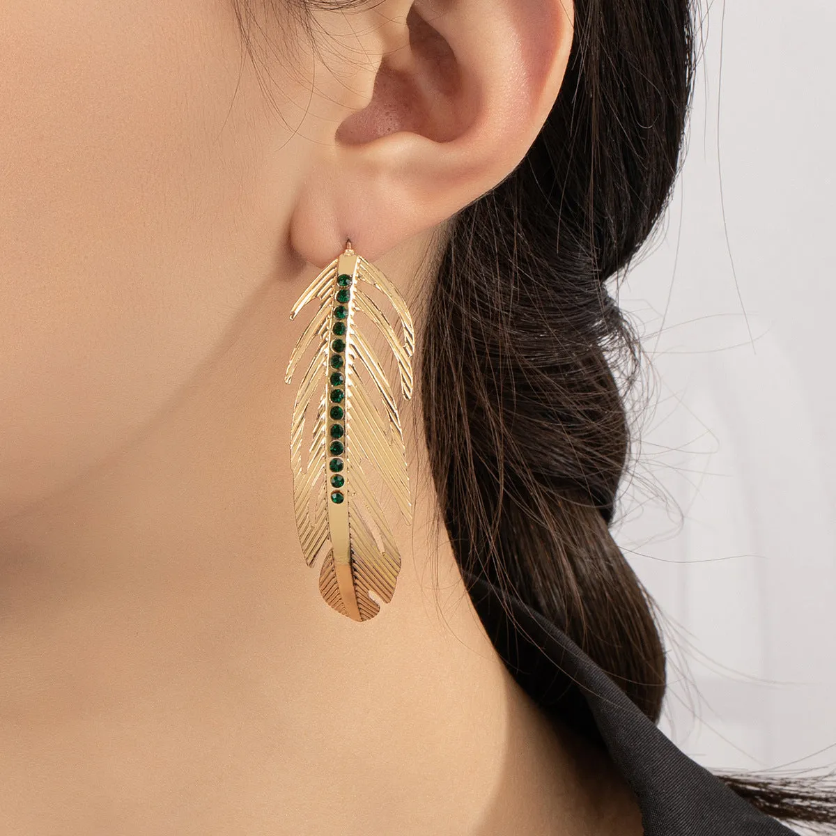 Black Cubic Zirconia & 18K Gold-Plated Feather Drop Earrings