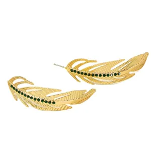 Black Cubic Zirconia & 18K Gold-Plated Feather Drop Earrings