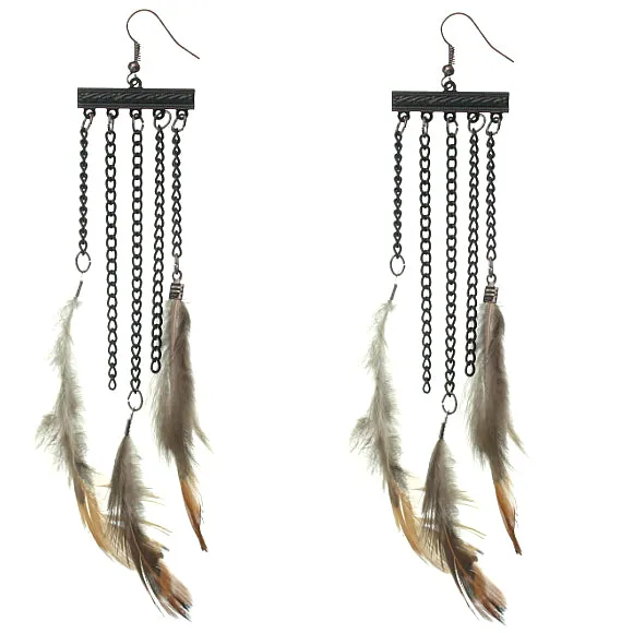 Black Drop Chain Feather Earrings